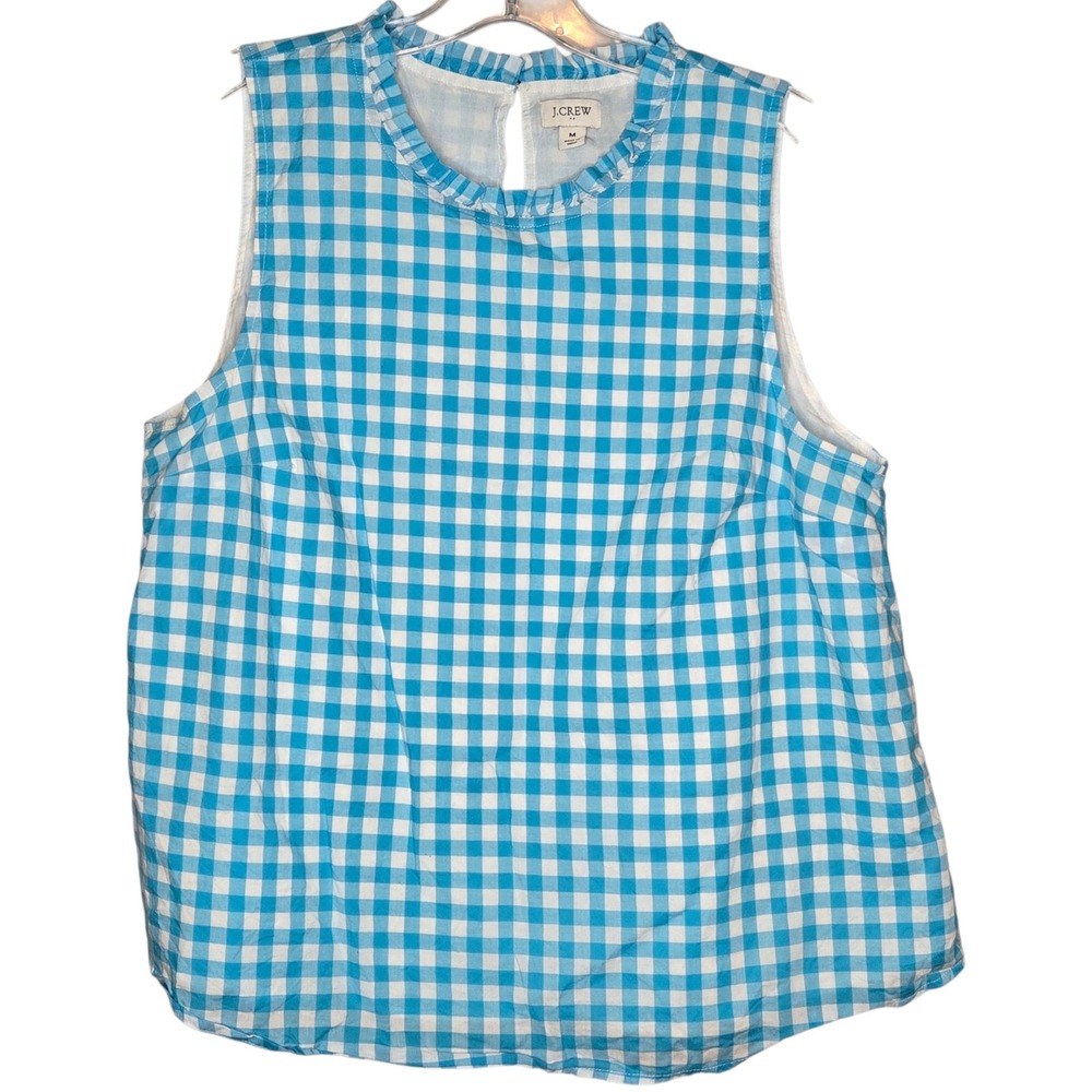 J.Crew Blue White Gingham Ruffle Neck Tank‎ Top Medium Cotton Sleeveless Blouse